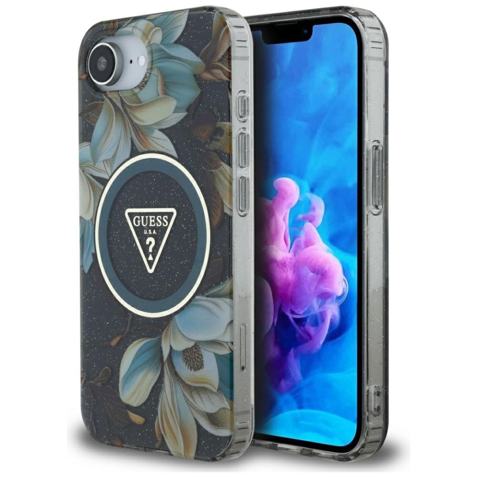 Husa pentru iPhone 16e, IML Flowers with Pearl Strap MagSafe, Guess - Negru