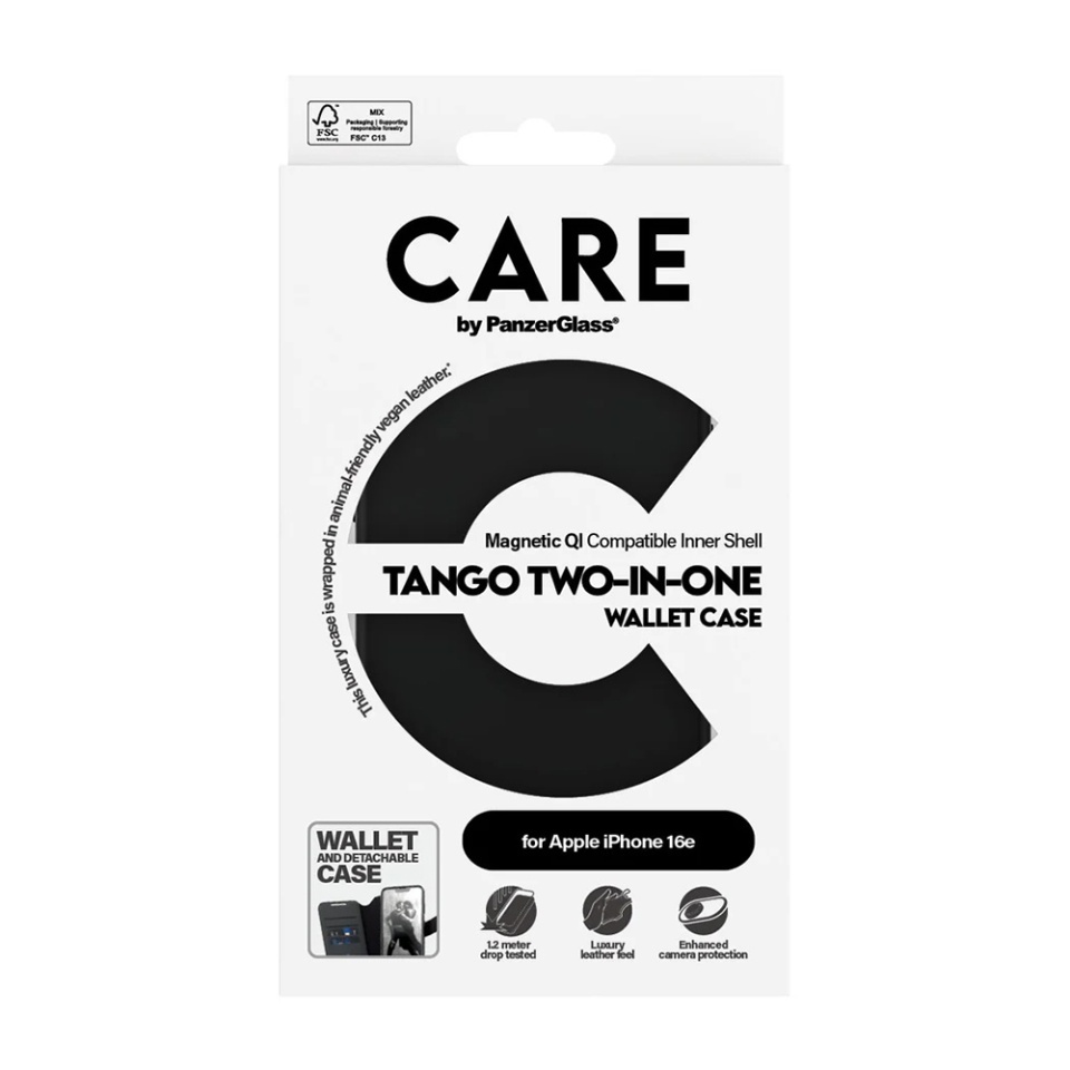 Husa pentru iPhone 16e, PanzerGlass, CARE Feature Case Tango Two-in-One Wallet, Tip Carte Detasabila 2in1 cu Portofel si Prindere Magnetica, Piele Ecologica, Antisoc, Negru - 3 | YEO