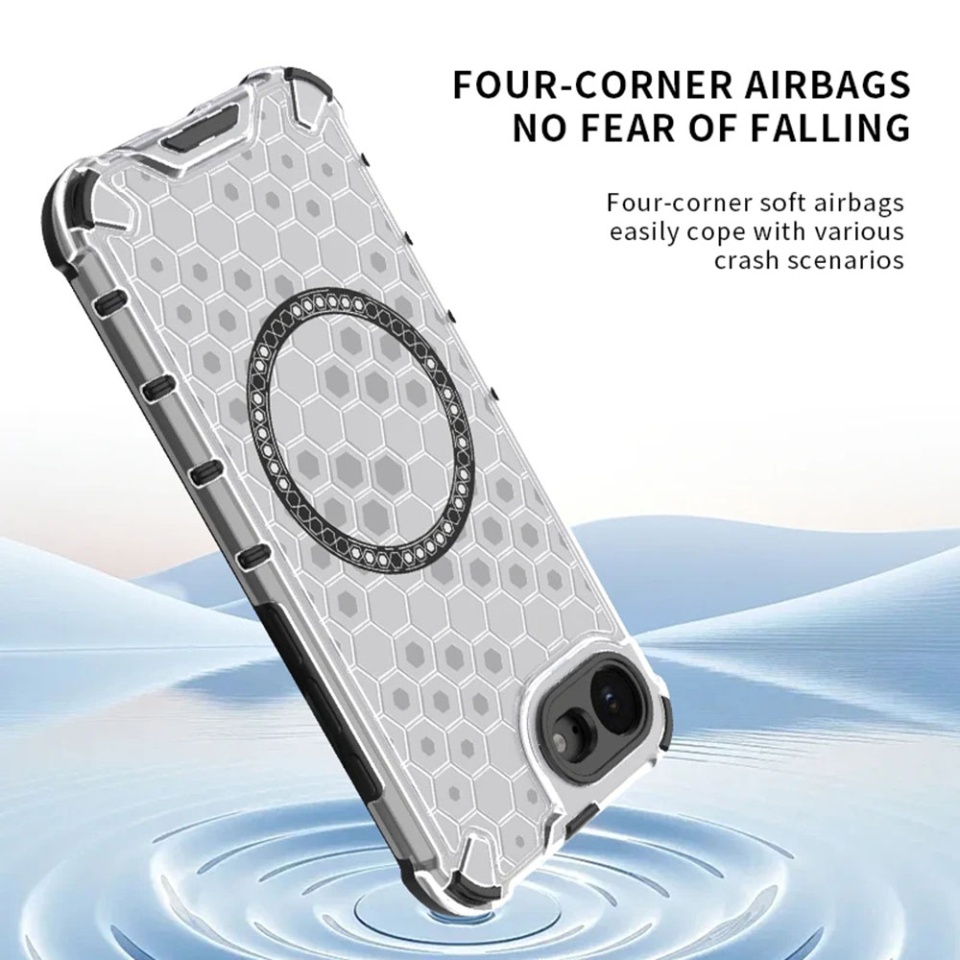 Husa pentru iPhone 16e, SKYDDAR INNOVATION, HoneyComb Shield MagSafe, Alb, set cu sticker - 2 | YEO