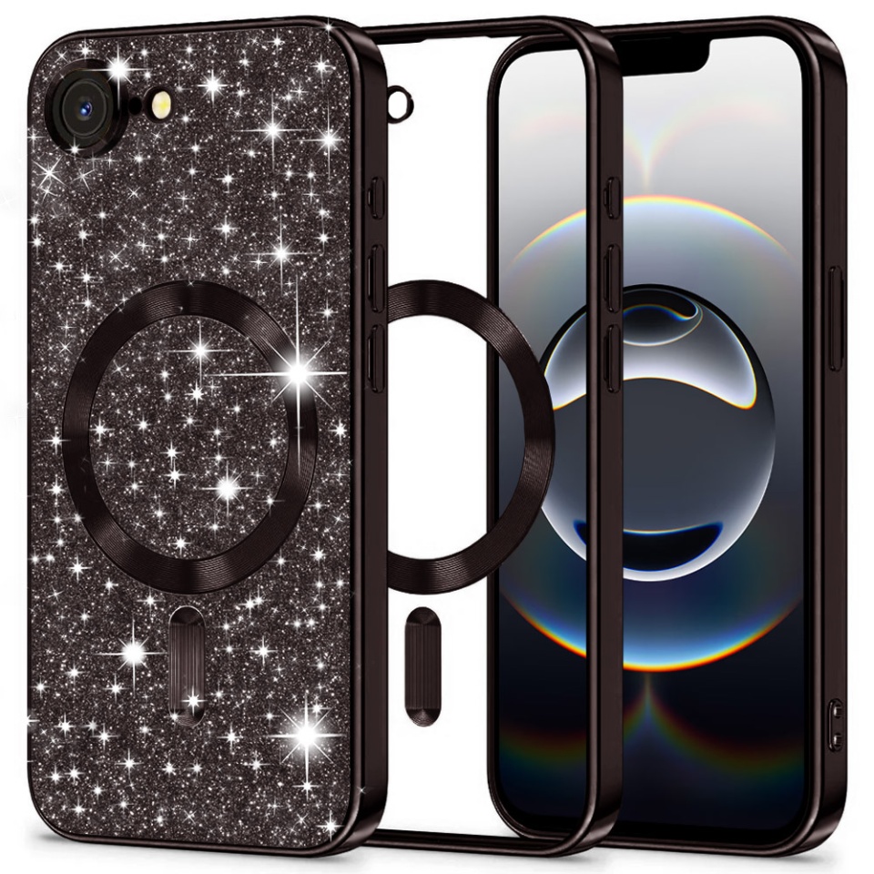 Husa pentru iPhone 16e, SKYDDAR INNOVATION, Luxury Glitter Magsafe, Antisoc, Fundal Detasabil 2-in-1, Protectie Superioara, Margini Ridicate, Negru, set cu sticker