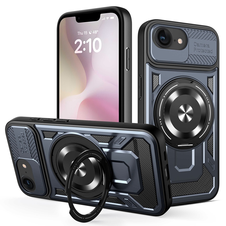 Husa pentru iPhone 16e, SKYDDAR INNOVATION, RuggedCam, Inel magnetic antisoc, set cu sticker, Albastru
