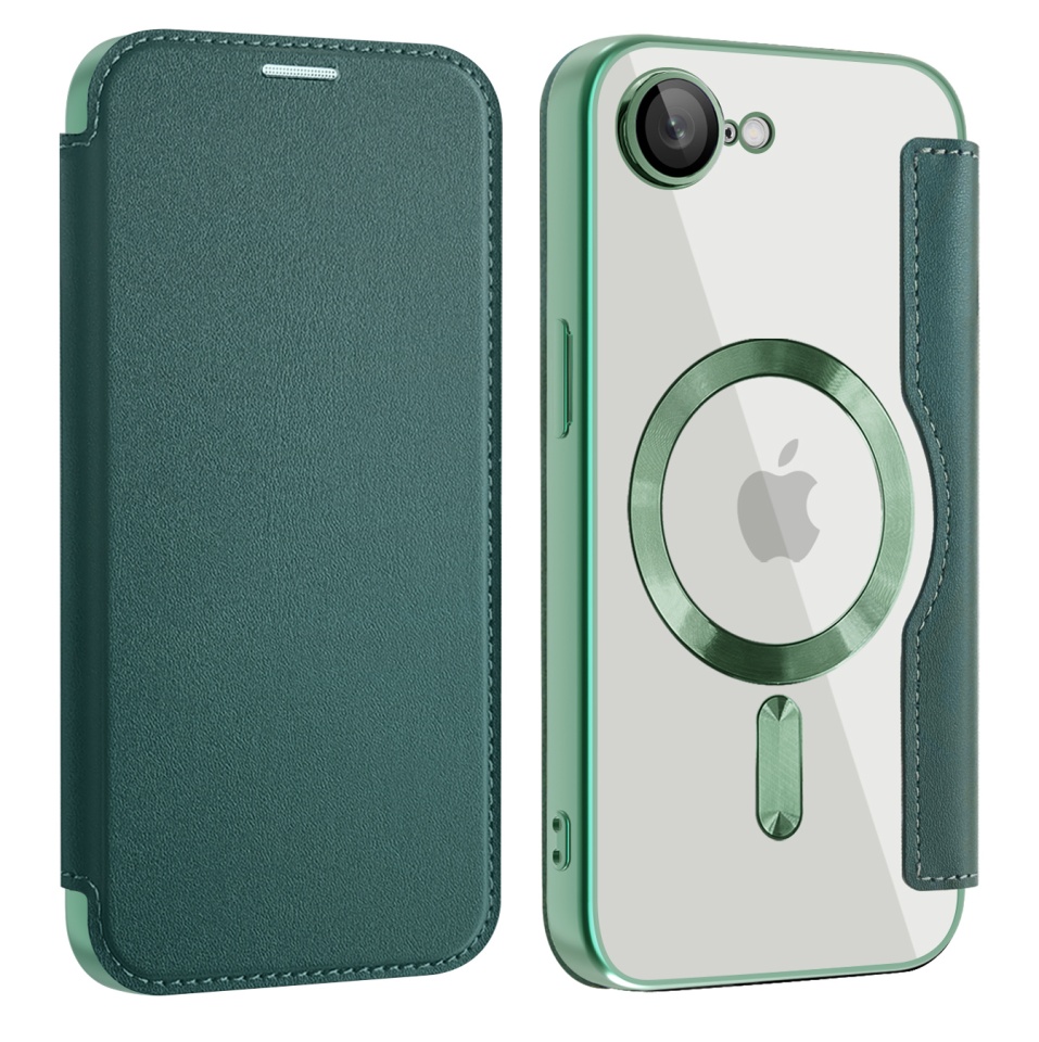 Husa pentru iPhone 16e tip carte, SKYDDAR INOVATION, SmartMag Book, Magsafe, RFiD, Suport Carduri, set cu sticker, Verde - 1 | YEO