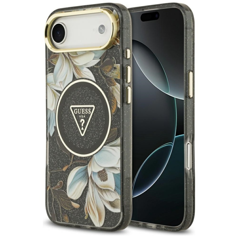 Husa pentru iPhone 17 Air, IML Flowers with Pearl Strap MagSafe, Guess - Negru