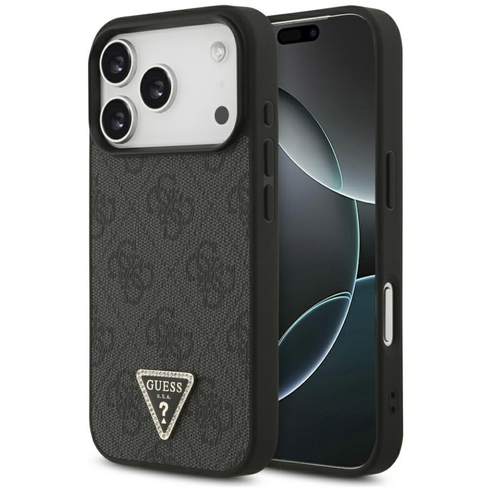 Husa pentru iPhone 17 Pro, Guess, Leather 4G Triangle Strass, Negru