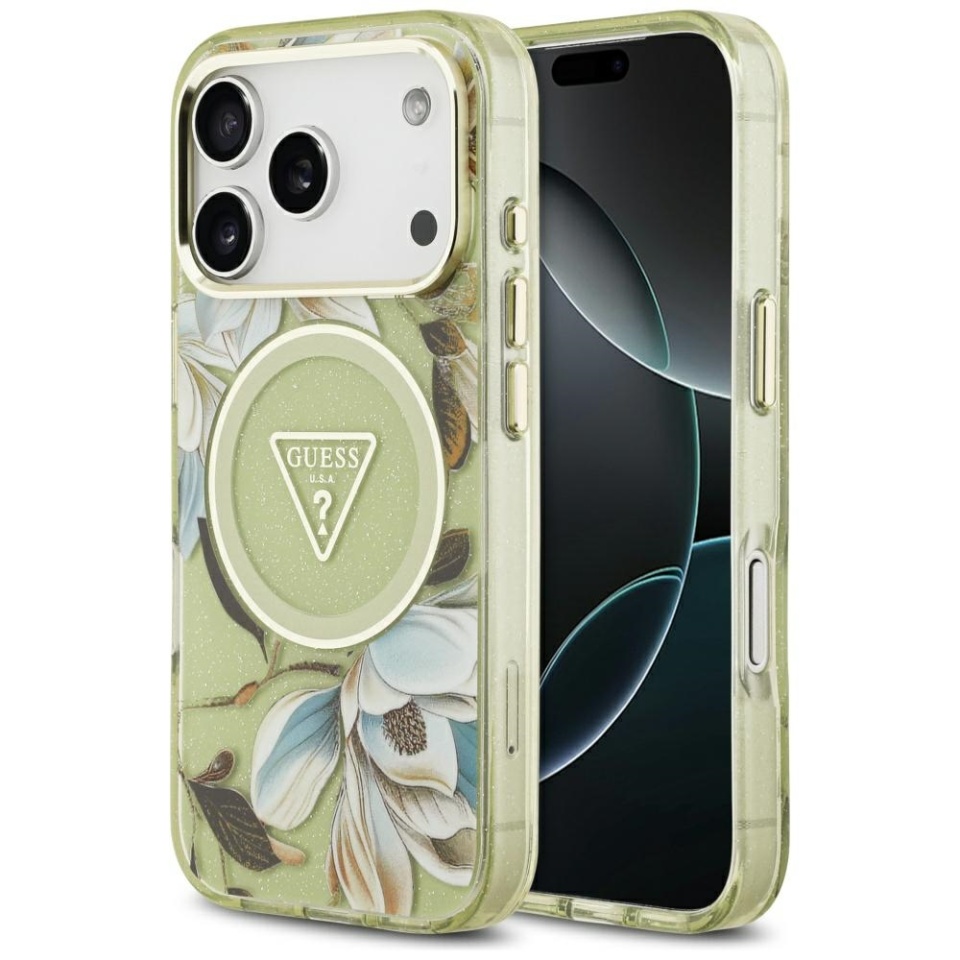 Husa pentru iPhone 17 Pro, IML Flowers with Pearl Strap MagSafe, Guess - Verde