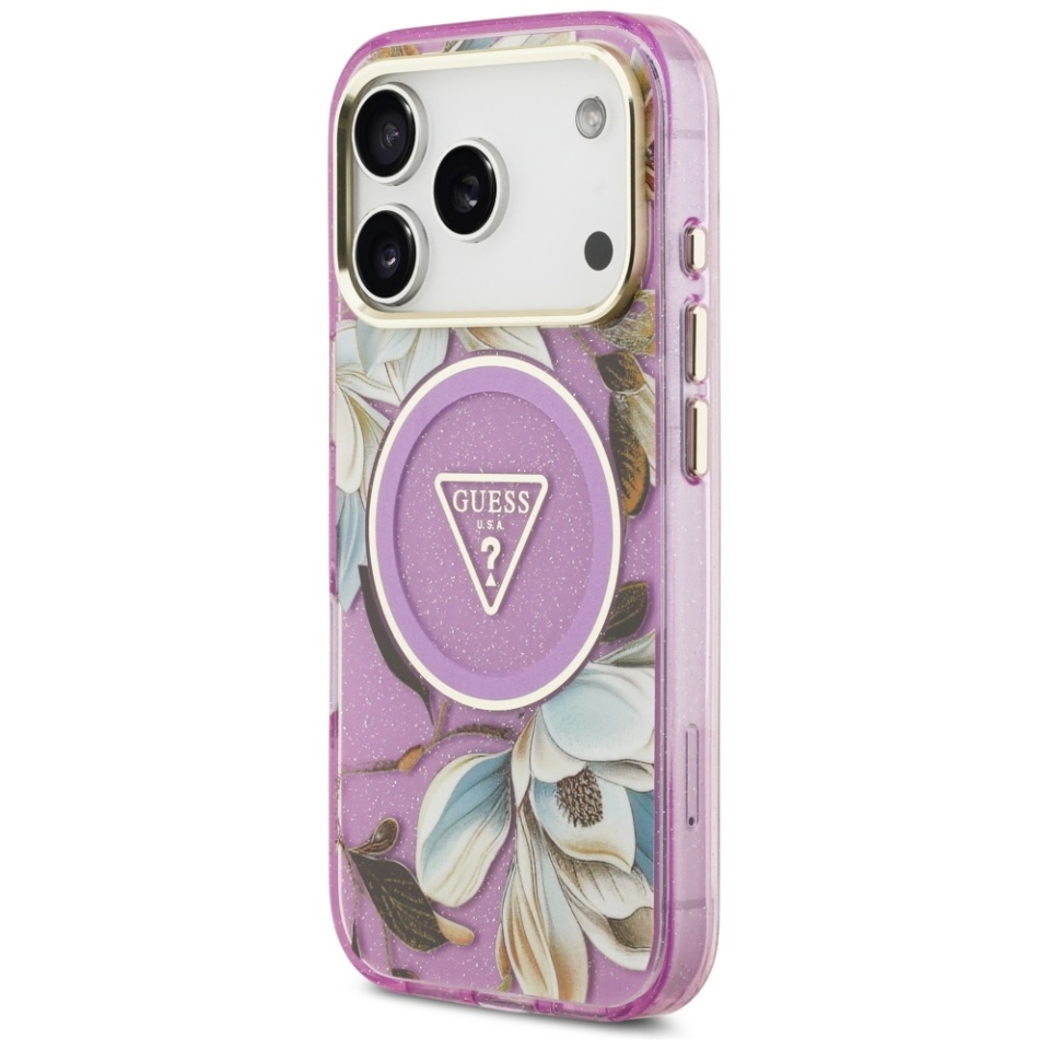 Husa pentru iPhone 17 Pro, IML Flowers with Pearl Strap MagSafe, Guess - Mov - 3 | YEO