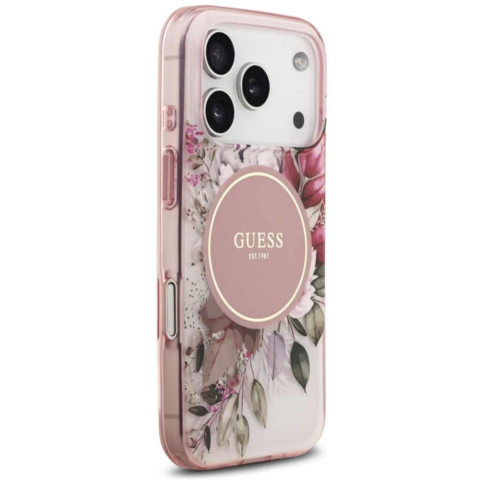 Husa pentru iPhone 17 Pro, IML Flowers with Pearl Strap MagSafe, Guess - Roz - 2 | YEO