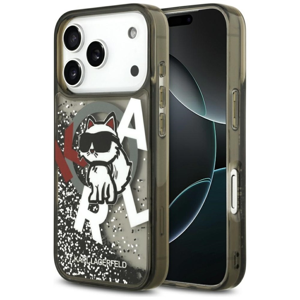 Husa pentru iPhone 17 Pro,Liquid Glitter Choupette Logo MagSafe, Karl Lagerfeld - Negru