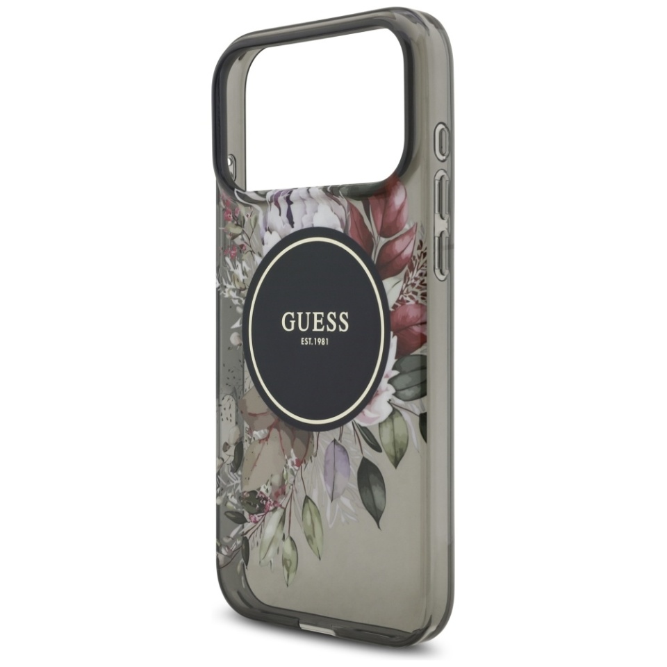 Husa pentru iPhone 17 Pro Max, IML Flowers with Pearl Strap MagSafe, Guess - Negru - 2 | YEO