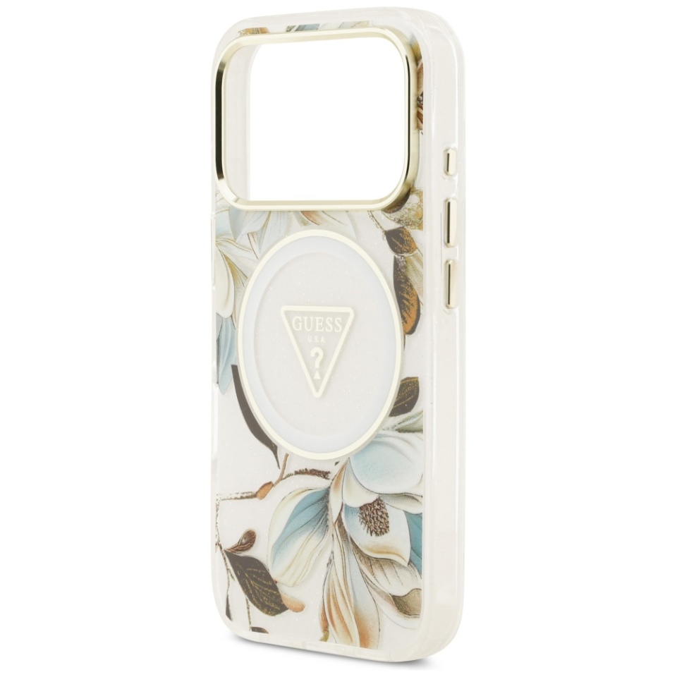Husa pentru iPhone 17 Pro Max, IML Flowers with Pearl Strap MagSafe, Guess - Alb - 1 | YEO