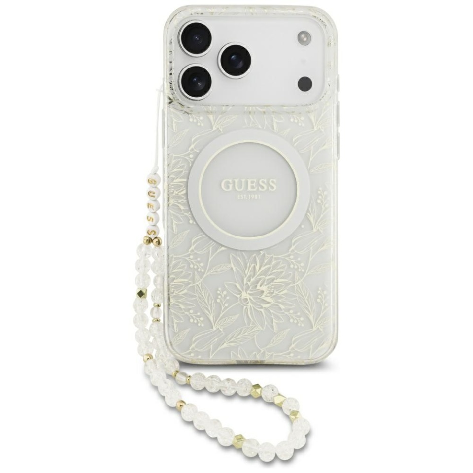 Husa pentru iPhone 17 Pro Max, IML Flowers with Pearl Strap MagSafe, Guess - Negru