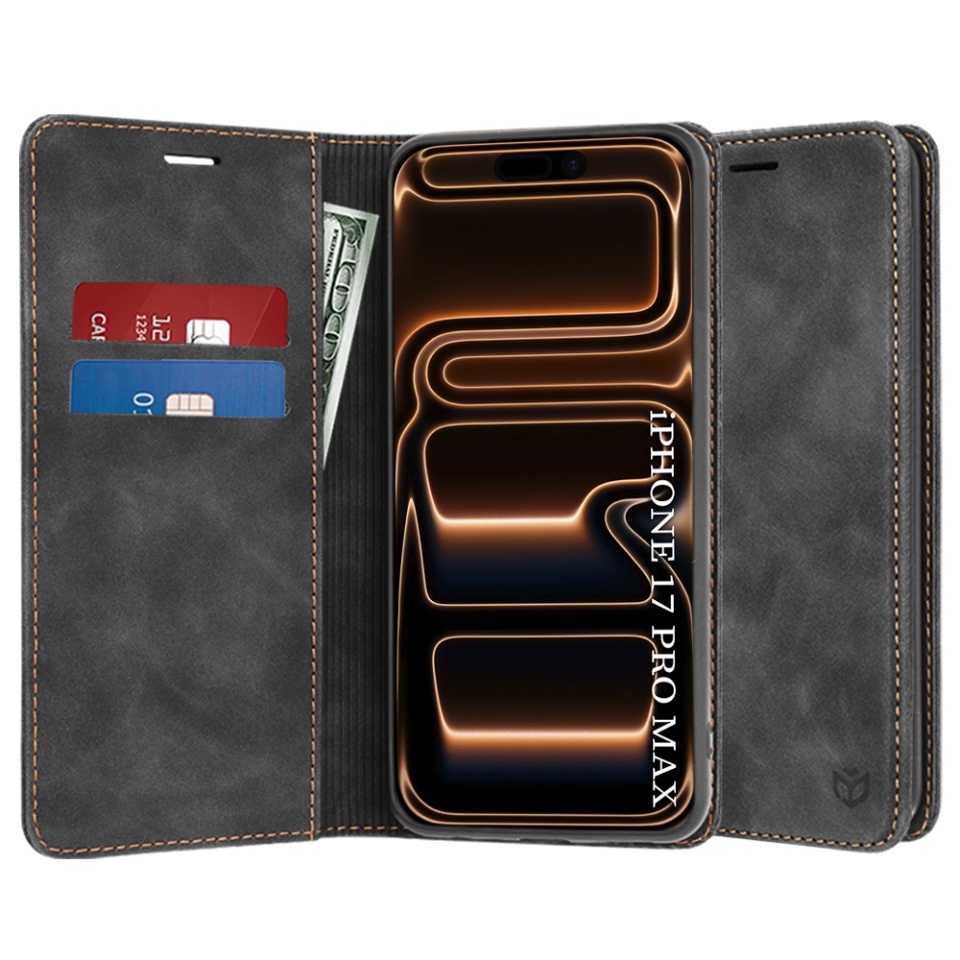 Husa pentru iPhone 17 Pro Max, SKYDDAR INNOVATION, Confy Cover tip Carte din piele Eco Premium, cu Portofel Interior, set cu sticker, Negru