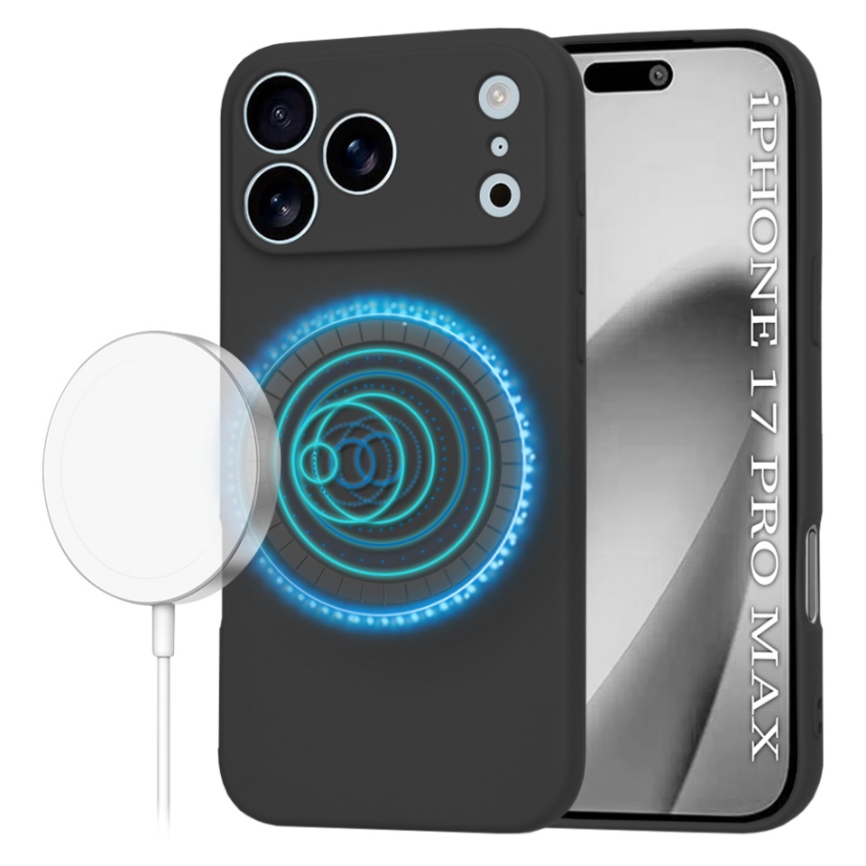 Husa pentru iPhone 17 Pro Max, SKYDDAR INNOVATION, din Silicon Catifelat, SoftFlex Magsafe, set cu sticker, Negru