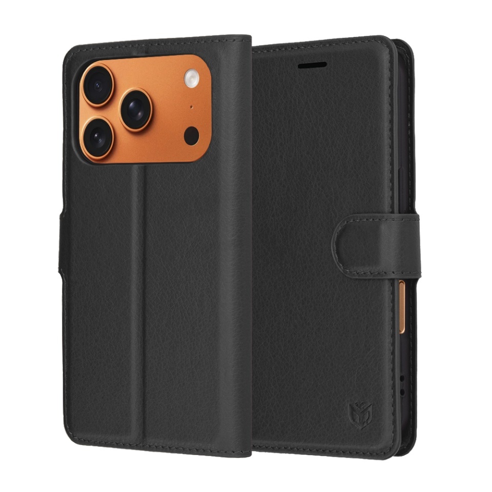 Husa pentru iPhone 17 Pro Max, SKYDDAR INNOVATION, Leather Folio tip Carte, cu Portofel Interior, Finisaje Premium, set cu sticker, Negru