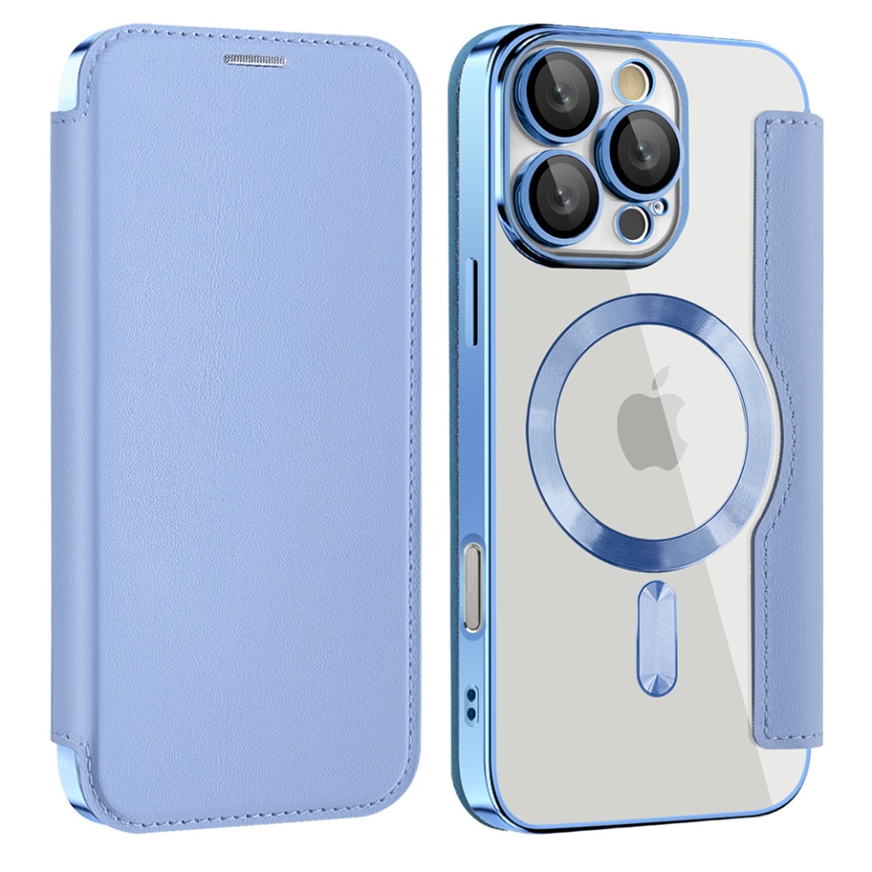 Husa pentru iPhone 17 Pro Max tip carte, SKYDDAR INOVATION, SmartMag Book, Magsafe, RFiD, Suport Carduri, set cu sticker, Bleu