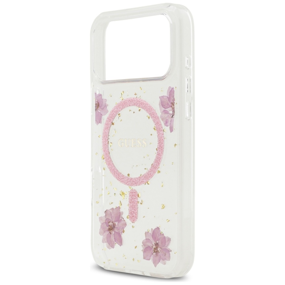 Husa pentru iPhone 17 Pro, Resin Flowers and Glitter MagSafe, Guess - Roz - 3 | YEO