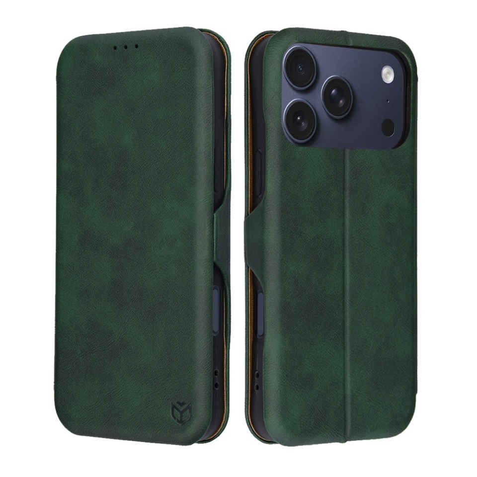 Husa pentru iPhone 17 Pro, SKYDDAR INNOVATION, Safe Wallet tip carte din Piele Ecologica, Suport Carduri, Inchidere Magnetica, Verde, set cu sticker