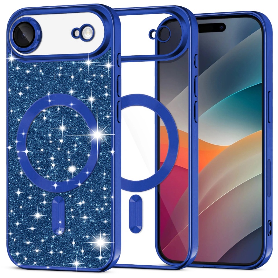 Husa pentru iPhone Air, SKYDDAR INNOVATION, Luxury Glitter Magsafe, Antisoc, Fundal Detasabil 2-in-1, Margini Ridicate, set cu sticker, Albastru