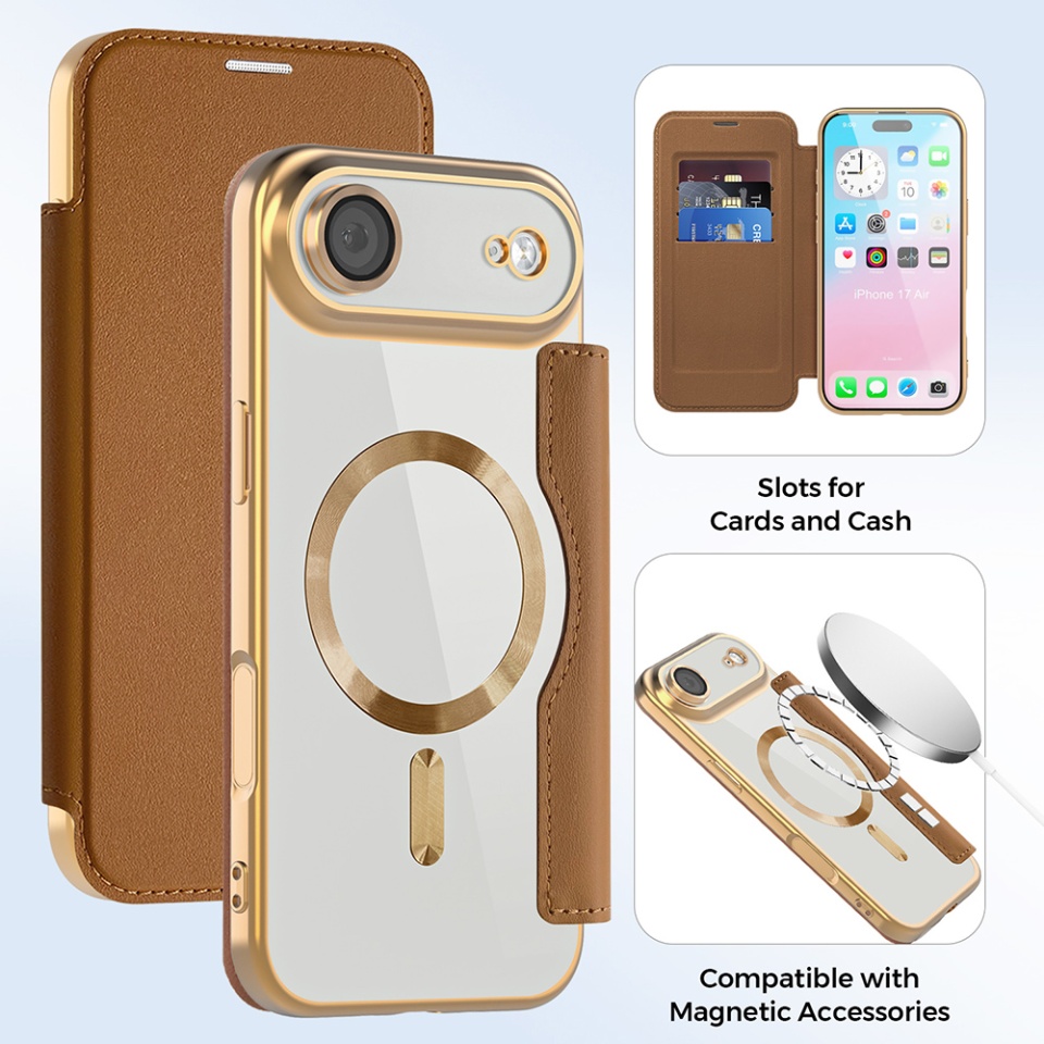 Husa pentru iPhone Air tip carte, SKYDDAR INOVATION, SmartMag Book, Magsafe, RFiD, Suport Carduri, set cu sticker, Maro - 2 | YEO