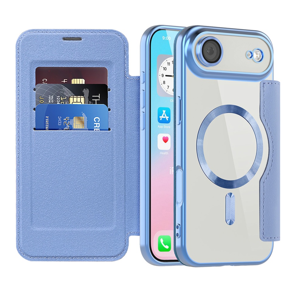 Husa pentru iPhone Air tip carte, SKYDDAR INOVATION, SmartMag Book, Magsafe, RFiD, Suport Carduri, set cu sticker, Bleu