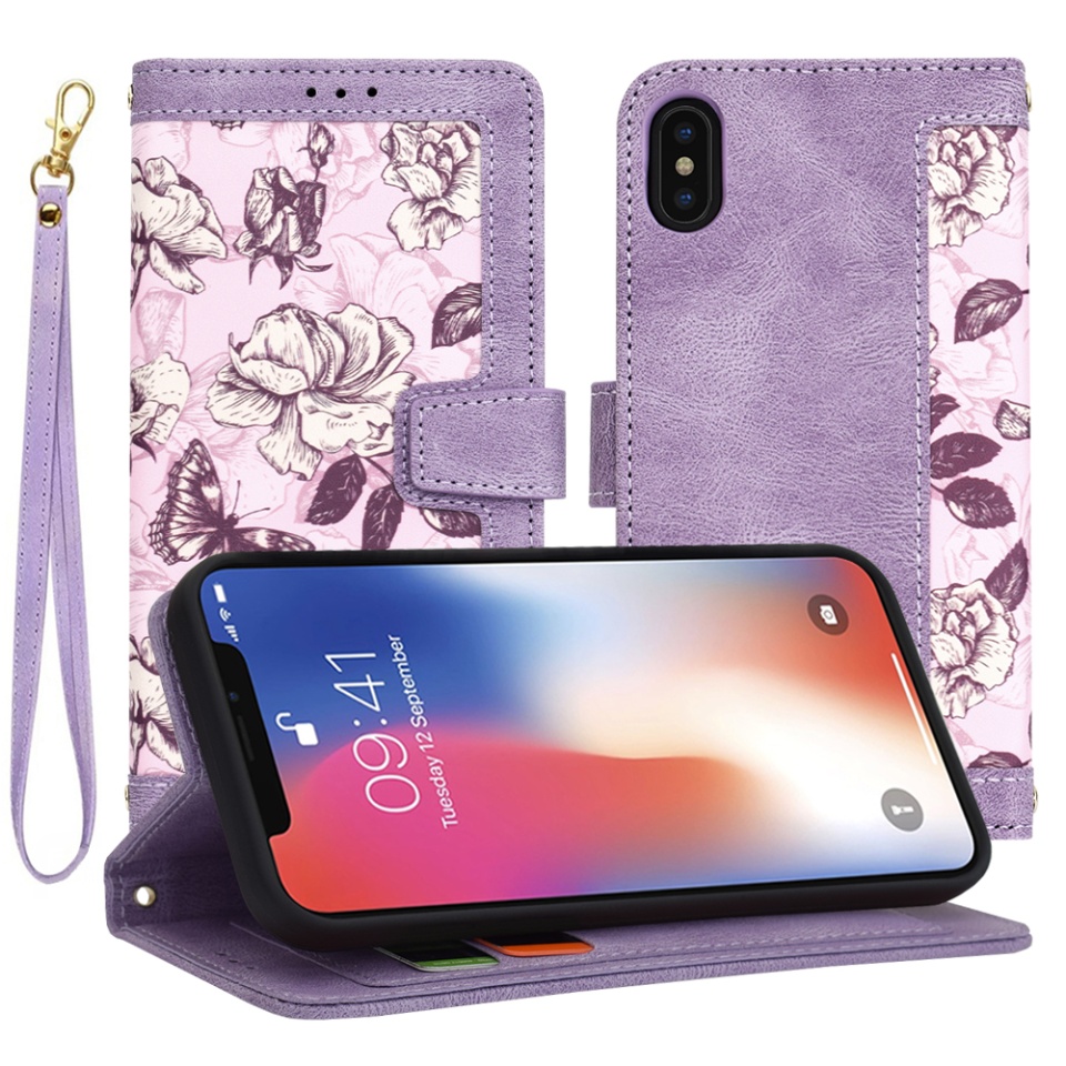 Husa pentru iPhone X, iPhone 10 / XS din Piele Ecologică cu Design Floral, Protecție 360°, Stand Integrat, Buzunare pentru Carduri, SKDR Floral Wallet - Mov
