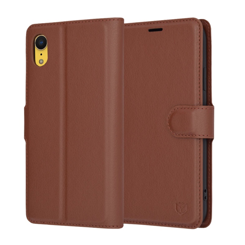 Husa pentru iPhone XR, SKYDDAR INNOVATION, Leather Folio tip Carte, cu Portofel Interior, Finisaje Premium, set cu sticker, Maro