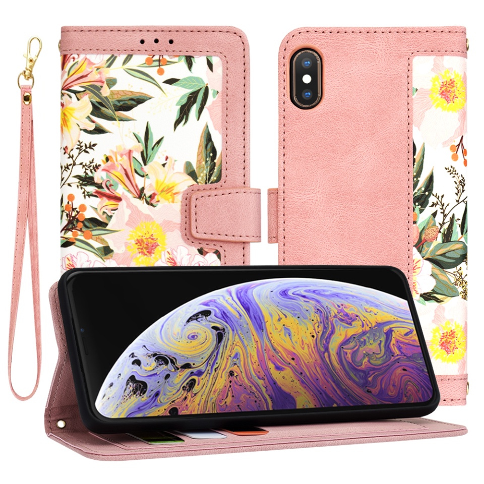Husa pentru iPhone XS Max din Piele Ecologică cu Design Floral, Protecție 360°, Stand Integrat, Buzunare pentru Carduri, SKDR Floral Wallet - Roz