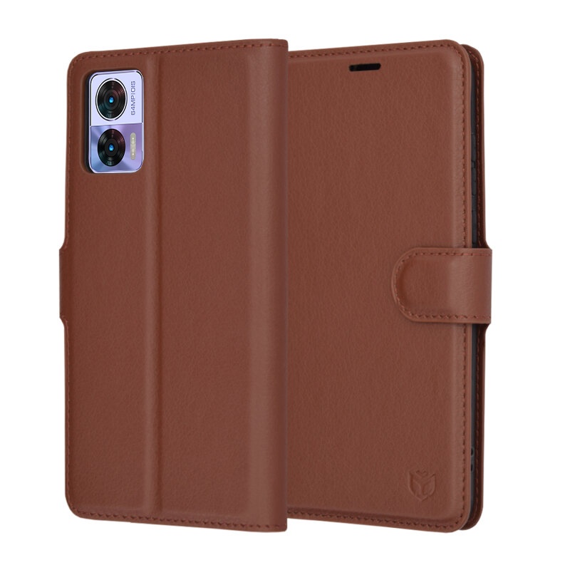 Husa pentru Motorola Edge 30 Neo, SKYDDAR INNOVATION, Leather Folio tip Carte, cu Portofel Interior, Finisaje Premium, set cu sticker, Maro