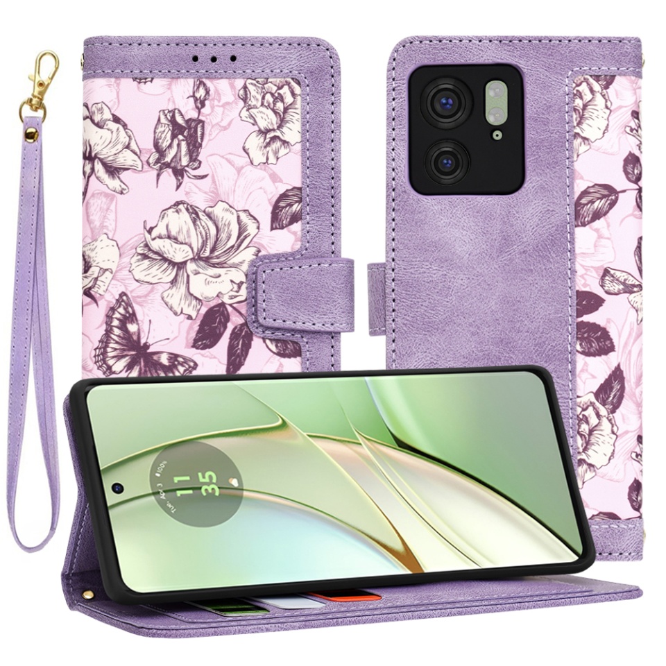 Husa pentru Motorola Edge 40 / Edge (2023) din Piele Ecologică cu Design Floral, Protecție 360°, Stand Integrat, Buzunare pentru Carduri, SKDR Floral Wallet - Mov