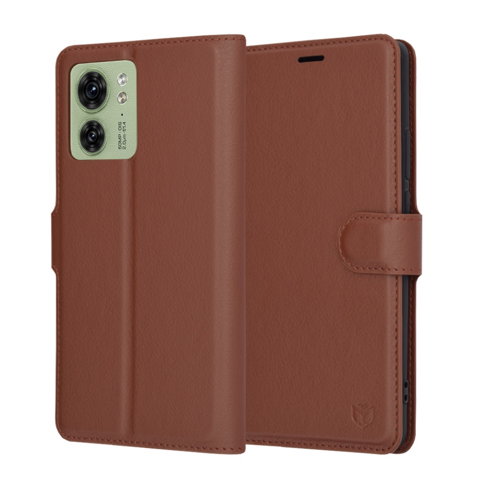 Husa pentru Motorola Edge 40 / Edge (2023), SKYDDAR INNOVATION, Leather Folio tip Carte, cu Portofel Interior, Finisaje Premium, set cu sticker, Maro
