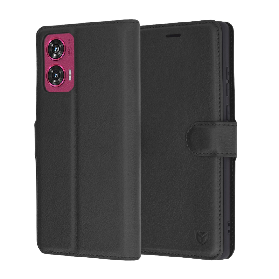 Husa pentru Motorola Edge 50 Fusion, SKYDDAR INNOVATION, Leather Folio tip Carte, cu Portofel Interior, Finisaje Premium, set cu sticker, Negru