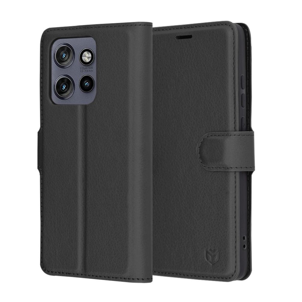 Husa pentru Motorola Edge 50 Neo, SKYDDAR INNOVATION, Leather Folio tip Carte, cu Portofel Interior, Finisaje Premium, set cu sticker, Negru