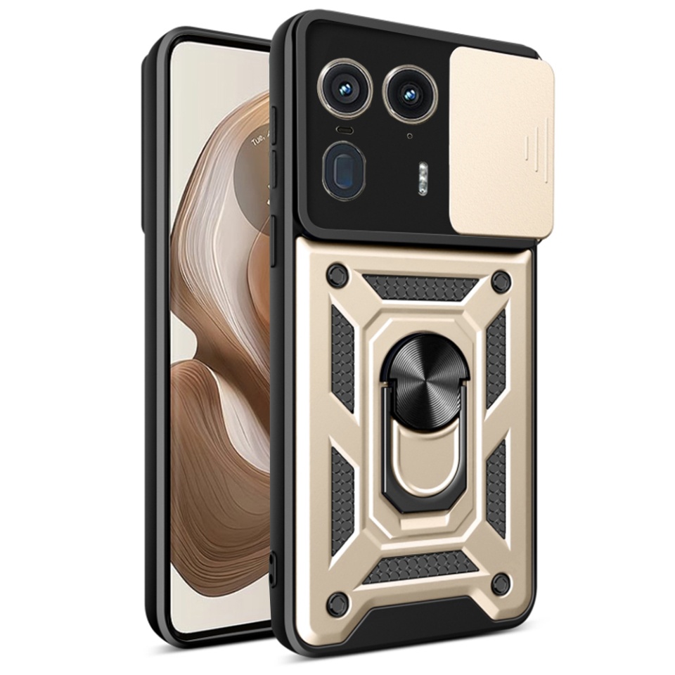 Husa pentru Motorola Edge 50 Ultra, SKYDDAR INNOVATION, CamShield, Inel magnetic, set cu sticker, Auriu