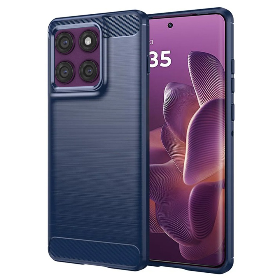 Husa pentru Motorola Edge 60 Pro, SKYDDAR INNOVATION, Carbon Silicone, din Silicon Premium, Slim, cu textura Fibra Carbon, Albastru, set cu sticker