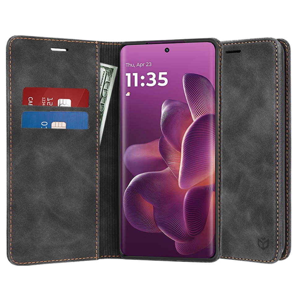 Husa pentru Motorola Edge 60 Pro, SKYDDAR INNOVATION, Confy Cover tip Carte din piele Eco Premium, cu Portofel Interior, set cu sticker, Negru