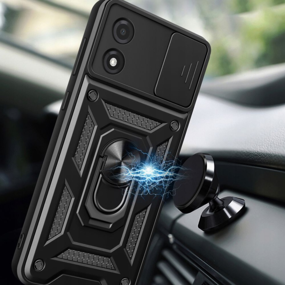Husa pentru Motorola Moto E13, SKYDDAR INNOVATION, CamShield, Inel magnetic, set cu sticker, Negru - 3 | YEO