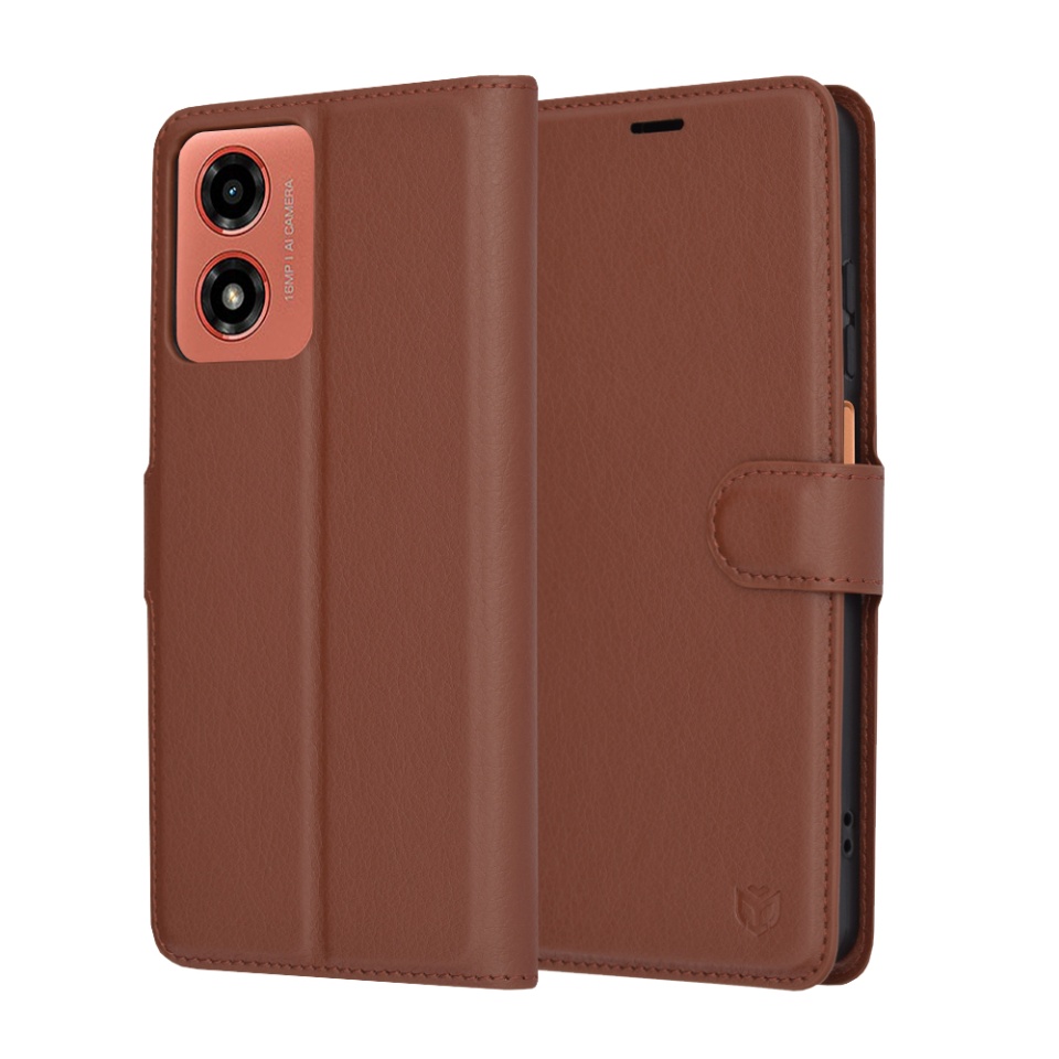 Husa pentru Motorola Moto G04 / Moto G24 / Moto G04s / Moto E14, SKYDDAR INNOVATION, Leather Folio tip Carte, cu Portofel Interior, Finisaje Premium, set cu sticker, Maro