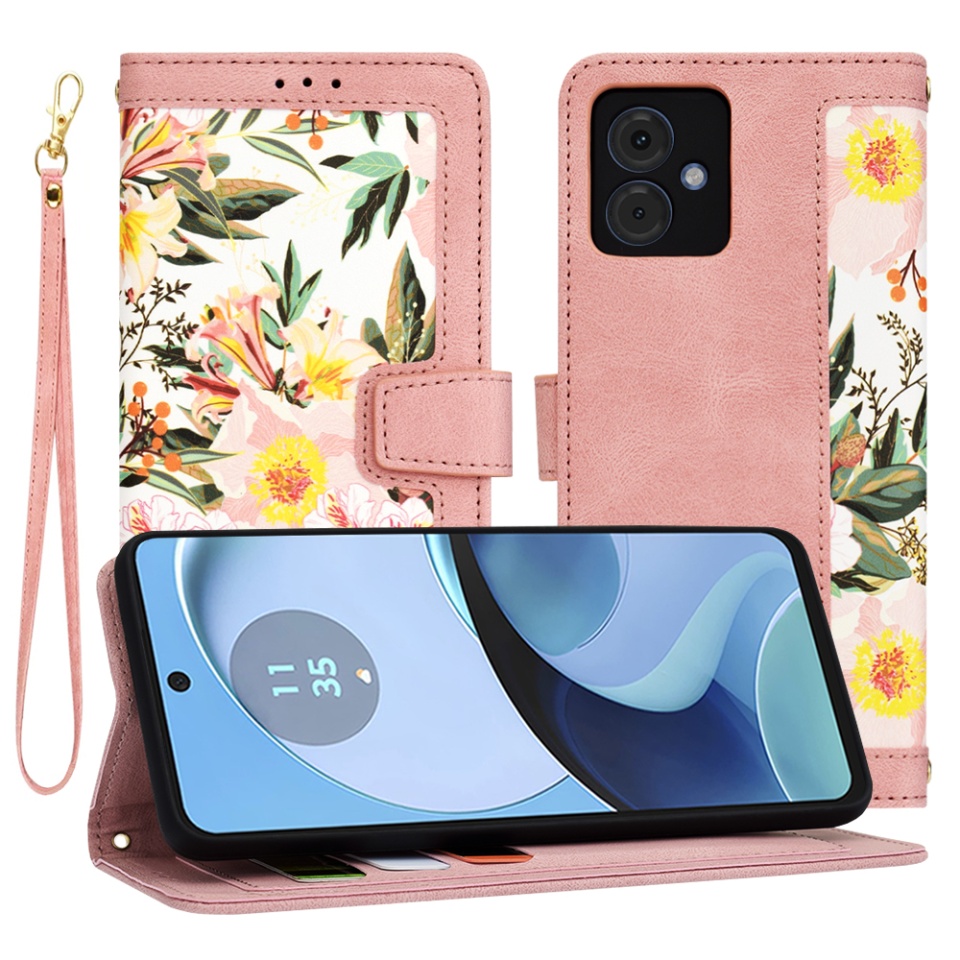 Husa pentru Motorola Moto G14 din Piele Ecologică cu Design Floral, Protecție 360°, Stand Integrat, Buzunare pentru Carduri, SKDR Floral Wallet - Roz