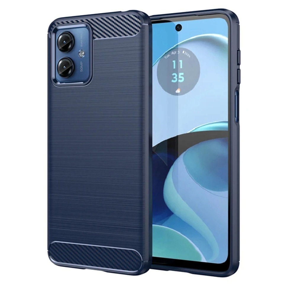 Husa pentru Motorola Moto G14, SKYDDAR INNOVATION, Carbon Silicone, din Silicon Slim, cu textura Fibra Carbon, set cu sticker, Albastru