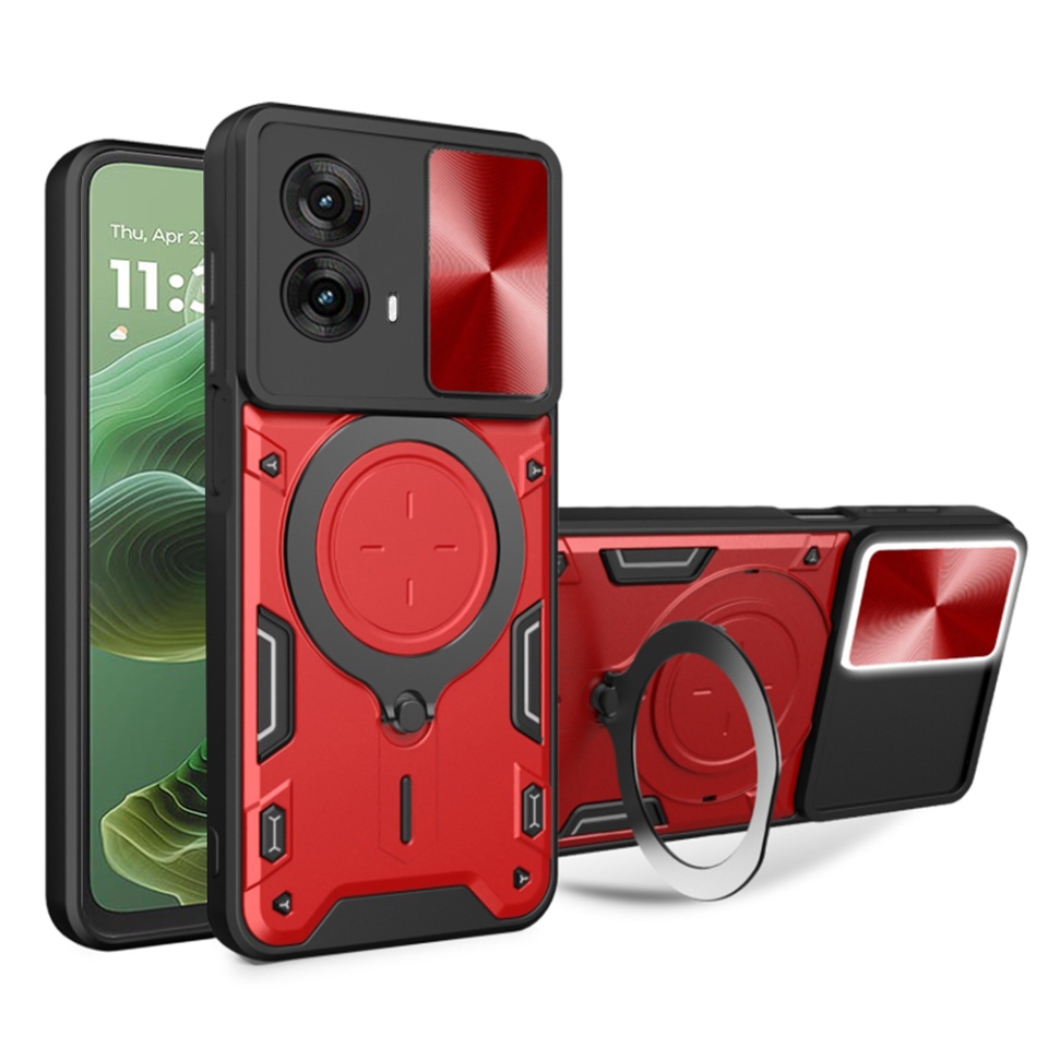 Husa pentru Motorola Moto G35, SKYDDAR INNOVATION, CamGuard Pro, Inel Magnetic, Protectie Camera, set cu sticker, Rosu