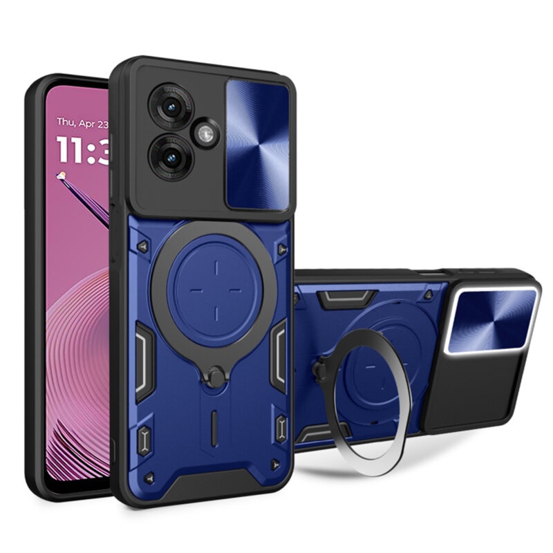 Husa pentru Motorola Moto G55, cu inel magnetic si suport ajustabil, protectie completa camera, SKDR SafeCover - Albastru