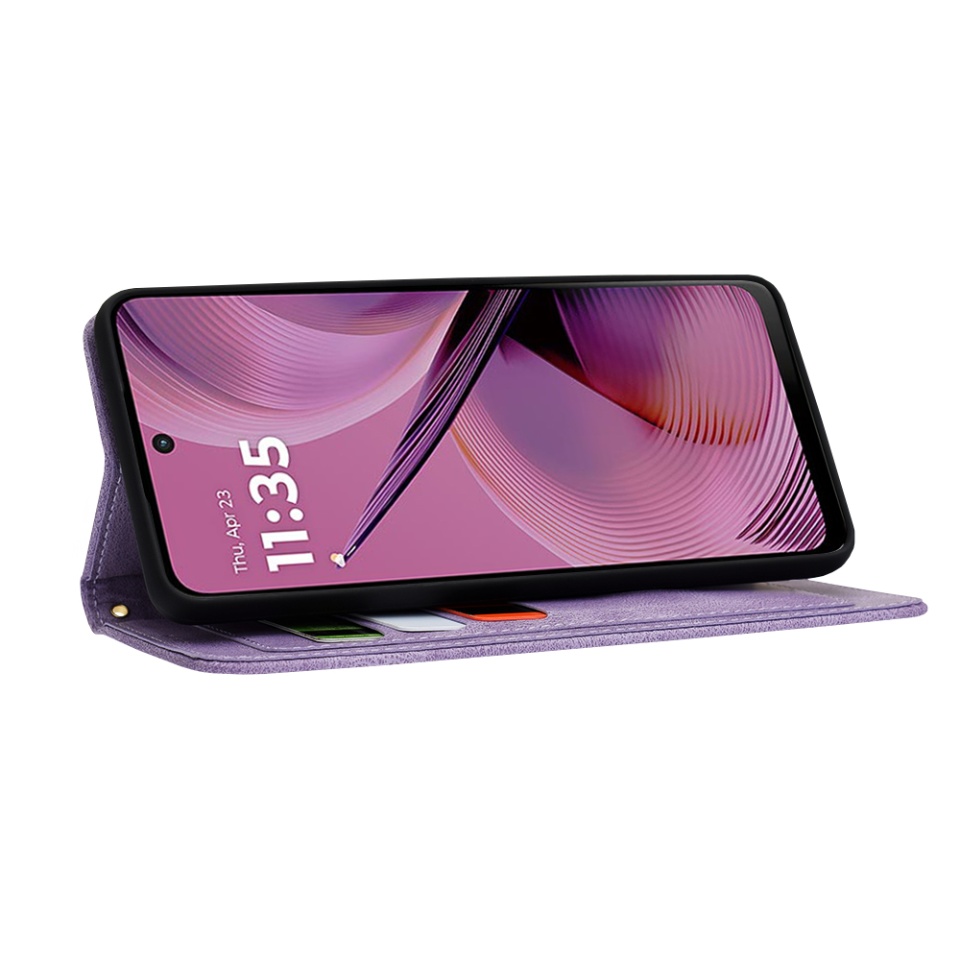 Husa pentru Motorola Moto G55 din Piele Ecologică cu Design Floral, Protecție 360°, Stand Integrat, Buzunare pentru Carduri, SKDR Floral Wallet - Mov - 3 | YEO