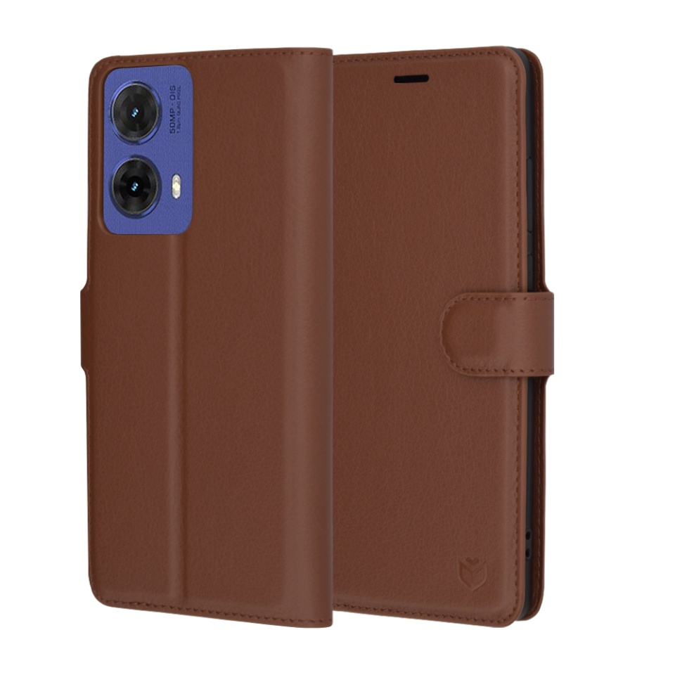 Husa pentru Motorola Moto G85, SKYDDAR INNOVATION, Leather Folio tip Carte, cu Portofel Interior, Finisaje Premium, set cu sticker, Maro
