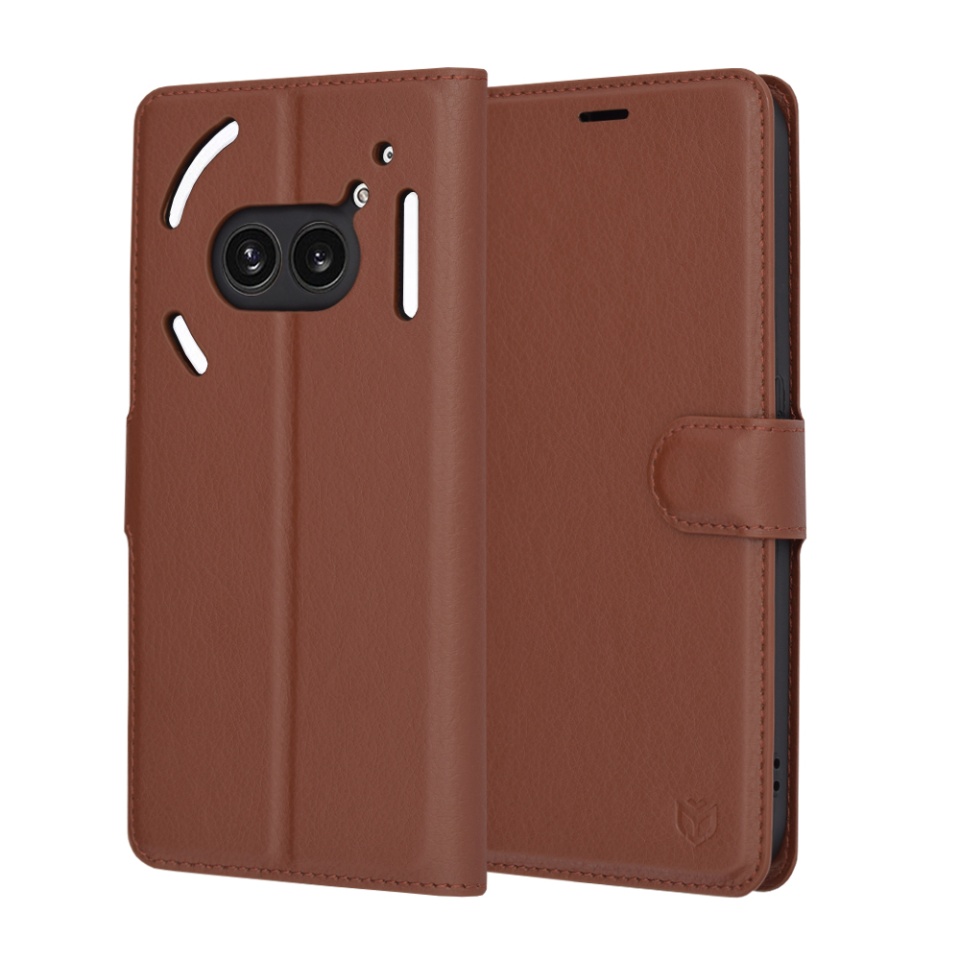 Husa pentru Nothing Phone (2a) / Phone (2a) Plus, SKYDDAR INNOVATION, Leather Folio tip Carte, cu Portofel Interior, Finisaje Premium, set cu sticker, Maro
