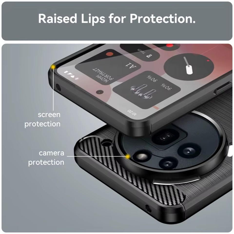 Husa pentru Nothing Phone (3a) Pro, SKYDDAR INNOVATION, Carbon Silicone, din Silicon Premium, Slim, cu textura Fibra Carbon, Negru, set cu sticker - 3 | YEO