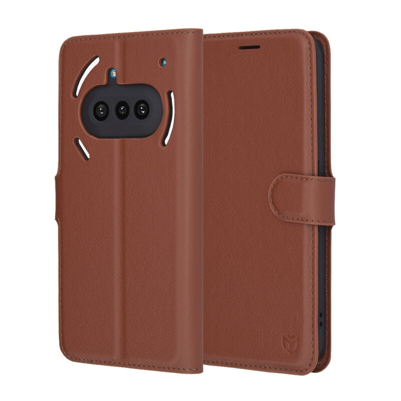 Husa pentru Nothing Phone (3a), SKYDDAR INNOVATION, Leather Wallet, tip Carte cu Portofel Interior, Finisaje Premium, set cu sticker, Maro