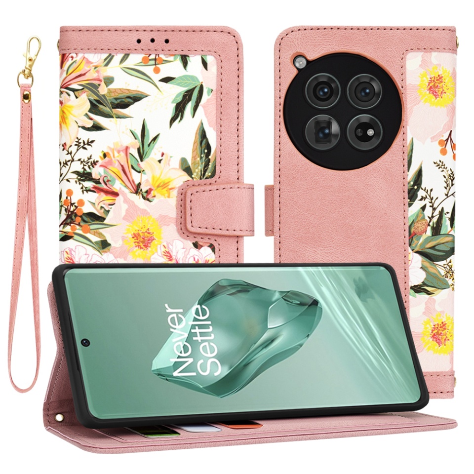 Husa pentru OnePlus 12 din Piele Ecologică cu Design Floral, Protecție 360°, Stand Integrat, Buzunare pentru Carduri, SKDR Floral Wallet - Roz