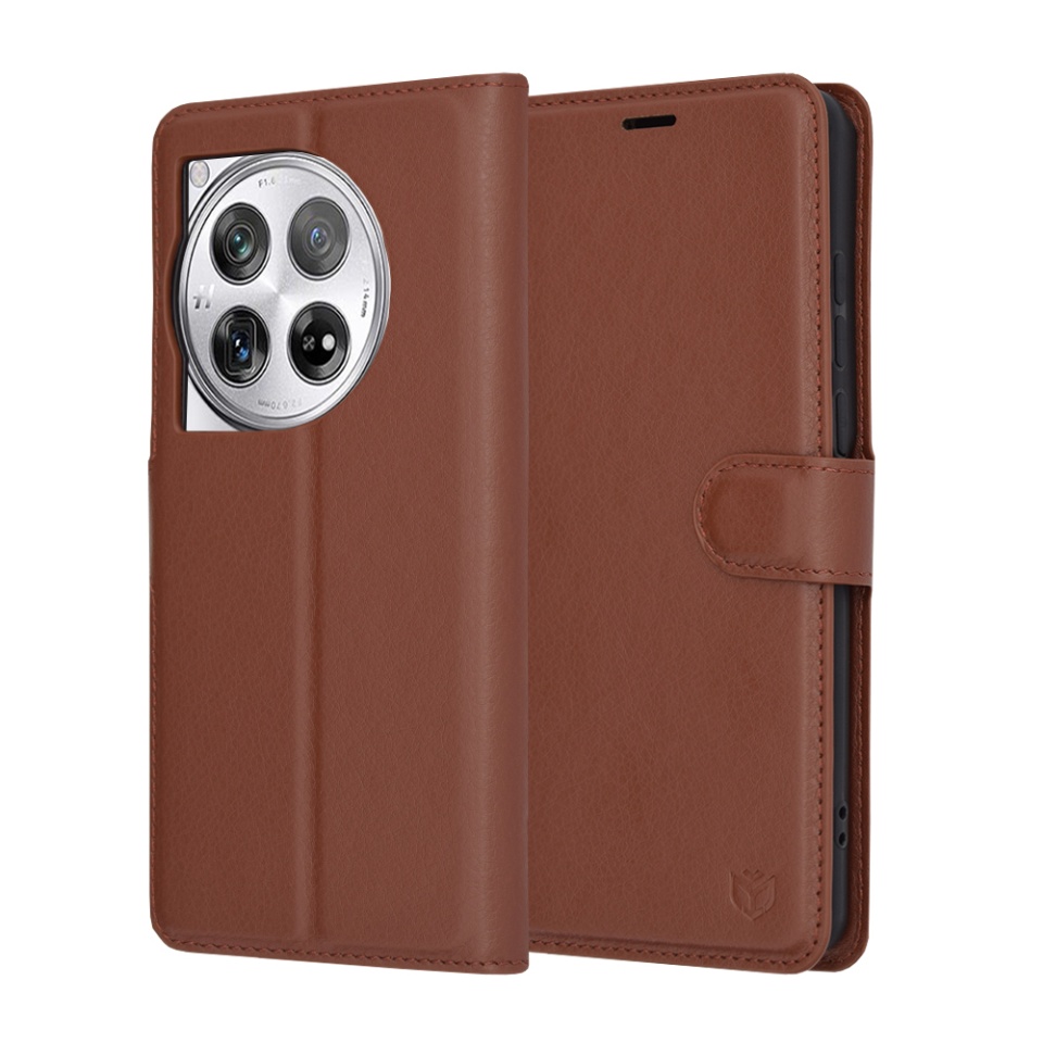 Husa pentru OnePlus 12, SKYDDAR INNOVATION, Leather Folio tip Carte, cu Portofel Interior, Finisaje Premium, set cu sticker, Maro