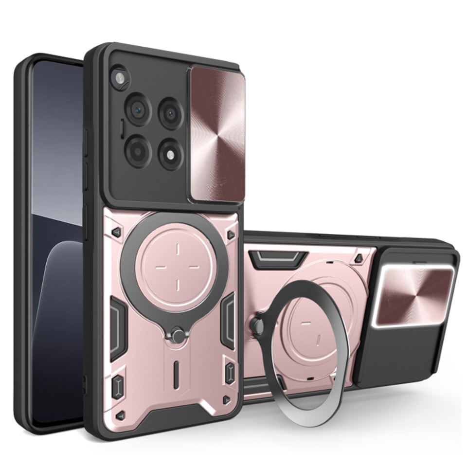 Husa pentru OnePlus 12R, cu inel magnetic si suport ajustabil, protecție completa camera, SKDR SafeCover - Roz auriu