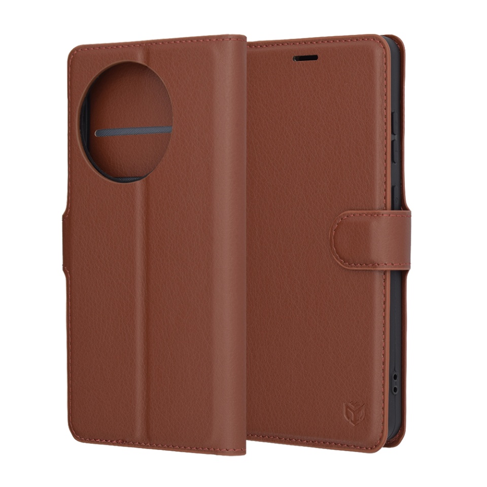 Husa pentru OnePlus 13R, SKYDDAR INNOVATION, Leather Wallet, tip Carte cu Portofel Interior, Finisaje Premium, set cu sticker, Maro